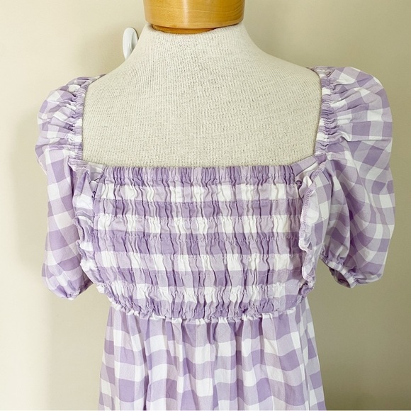 River Island Gingham Check Peasant Cottage Puff Sleeve Midi Dress Purple 4 - Picture 6 of 6